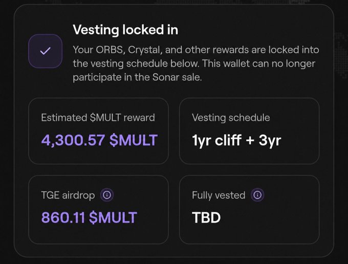 A vesting dashboard showing 4,300.57 $MULT estimated reward locked under a 1yr cliff + 3yr schedule, with an 860.11 $MULT TGE airdrop and a TBD fully vested date. The image illustrates the post's mention of vesting options for ORBS, Crystal, and other rewards from Multipli's Community Sale + Airdrop.