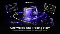 A stylized "9dexless" advertisement shows a glowing wallet icon surrounded by trading charts, graphs, and a transparent ledger, with text reading "One Wallet. One Trading Story" and "Every on-chain move becomes part of the bigger picture." The image visually reinforces the caption's message that a crypto wallet serves as a digital fingerprint, recording every trade, win, and loss to reveal the true identity of its owner.