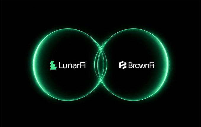 Two glowing green overlapping circles with the logos 'LunarFi' and 'BrownFi' displayed in the center.