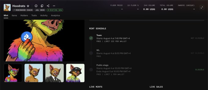 The image shows the Hoodrats NFT mint page on OpenSea, featuring a colorful bear artwork and four stylized character variants. The mint schedule details are displayed on the right: the Team mint on August 4 at 7:45 PM GMT+4 (with a limit of 222 per wallet, marked "Not Eligible"), the WL mint at 8:00 PM GMT+4 (also "Not Eligible"), and the Public stage at 10:00 PM GMT+4 with a 1 per wallet limit (marked "Eligible"). This corresponds with the post about a user with 15K Hoodrats tokens who missed the Team and WL eligibility but could still participate in the public mint.