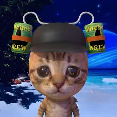 A surreal 3D rendering of a sad-looking kitten with large, teary eyes, wearing a black baseball cap and carrying two green cans labeled 'Witches Brew' as headphones against a tropical night background.