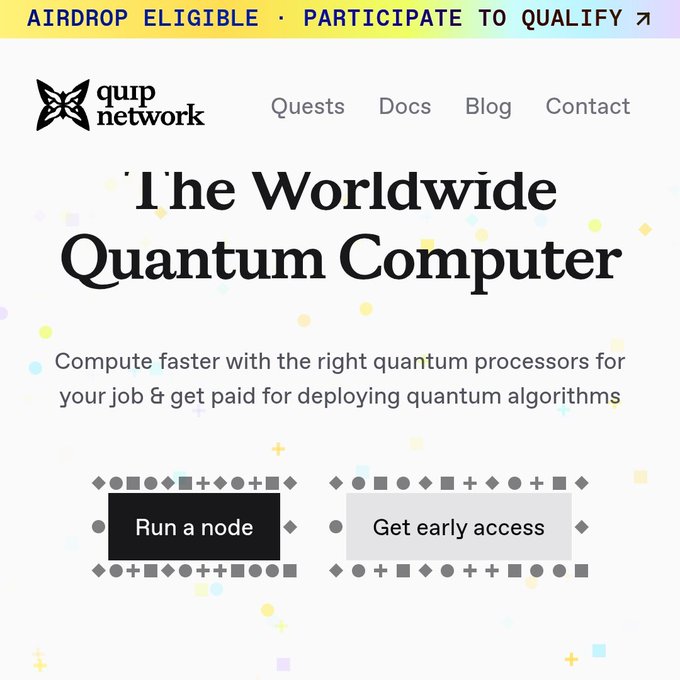 The image shows the Quip Network homepage featuring the headline "The Worldwide Quantum Computer" with a tagline about computing faster with quantum processors and getting paid for deploying quantum algorithms, alongside navigation links to Quests, Docs, Blog, and Contact. While the accompanying post discusses Quip Network's cross-chain architecture without oracles or bridges, the website screenshot highlights the project's quantum computing focus and airdrop eligibility banner, emphasizing its dual identity as both a quantum compute marketplace and a bridge-free cross-chain platform.