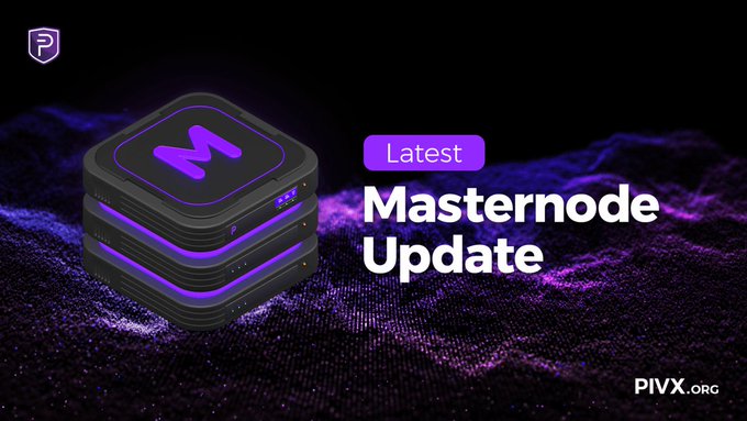 The image features a purple square with the letter "M" written inside, surrounded by three stacked blocks. The background of the image is black, creating a stark contrast that makes the purple square stand out. Below the square, there's text that reads " Latest Masternode Update". This suggests that there might be an update or new information about masternodes in the PIVX network.