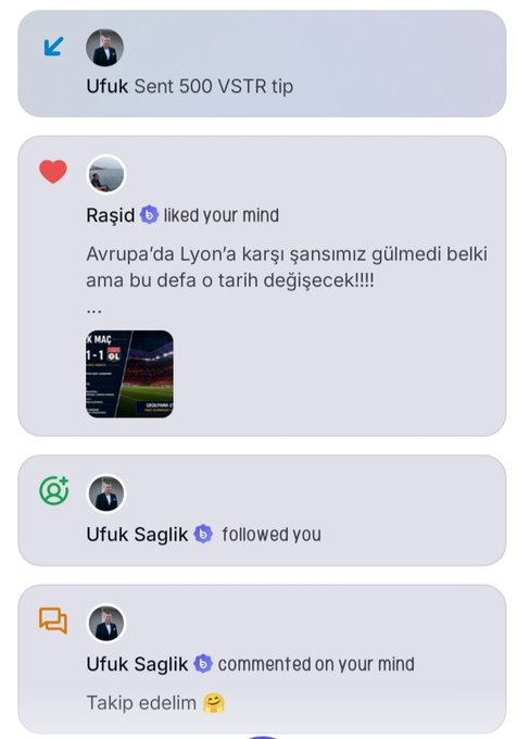 A screenshot of Telegram notifications shows "Ufuk Sent 500 VSTR tip," Raşid liking and commenting "Avrupa'da Lyon'a karşı şansımız gülmedi belki ama bu defa o tarih değişecek!!!!" on the user's post, and "Ufuk Saglik" both following the user and commenting "Takip edelim 😏," connecting to the post's theme of a CEO personally engaging with and supporting the user's crypto projects.