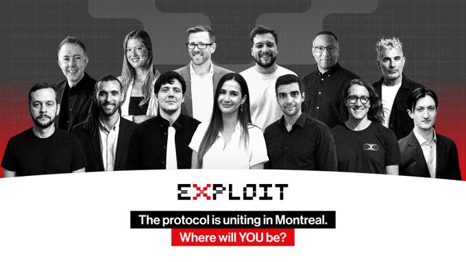 The image features a group of 13 people in black-and-white, arranged in rows against a red and white background, promoting the "EXPLOIT" event with the tagline "The protocol is uniting in Montreal. Where will YOU be?" The "See you there" caption ties into the promotional message, inviting viewers to attend the EXPLOIT gathering in Montreal.
