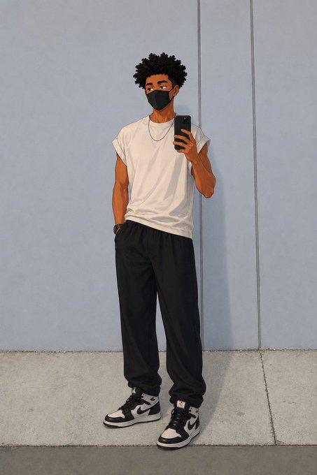 An illustration of a young man with curly hair wearing a face mask, white t-shirt, black pants, and sneakers, holding a phone.
