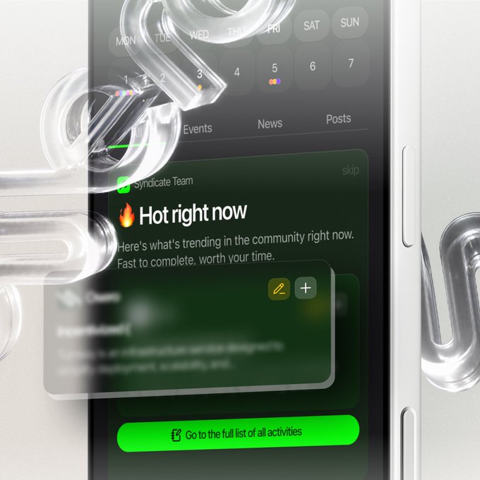 A smartphone displays the Syndicate Team app showing a "🔥 Hot right now" notification highlighting an early NFT mint opportunity for an upcoming project launch, with a green "Go to the full list of all activities" button at the bottom, framed by clear transparent tubes. The interface promotes the early activity tied to a $13.5M-raised project and directs users to share.sndct.app/EV64PPVIX2 for the full guide.
