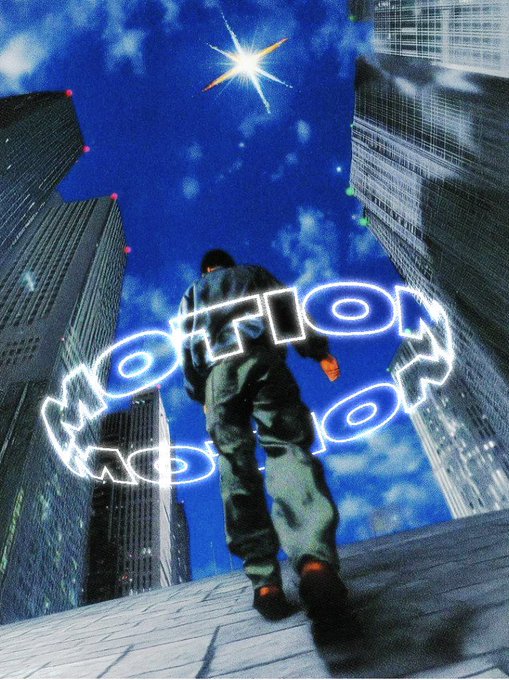 An image showing a person from behind standing between tall buildings, with a bright star in the sky and the word "MOTION" appearing in glowing blue text forming a circular pattern around them.