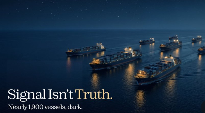 An article-style image showing cargo ships at night on dark waters with the headline 'Signal Isn't Truth. Nearly 1,900 vessels, dark.'