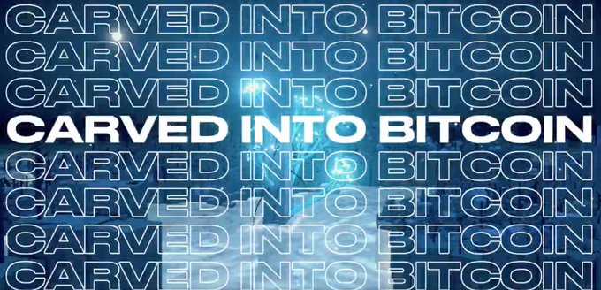 Title card repeating the phrase 'CARVED INTO BITCOIN' in bold white and outlined text over a blue background with a partial Bitcoin symbol.