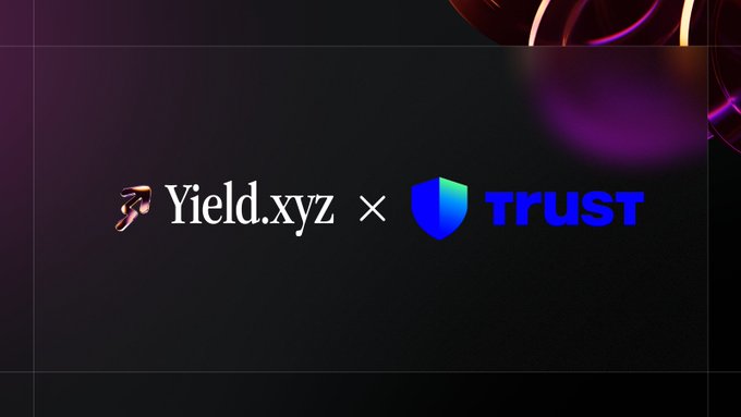 The image features a logo for a company called Trust Wallet that has integrated Yield.xyz into its platform. The logo includes a shield symbolizing trust, along with the words "Trust" and "Wallet". The text below the logo indicates that users can earn onchain yield directly in-app by using stablecoins like Ethereum or BNB Chain.