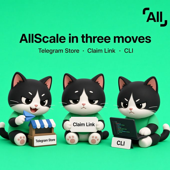 A promotional graphic for 'AllScale in three moves' features three cartoon black-and-white cats representing 'Telegram Store', 'Claim Link', and 'CLI' options.