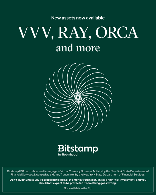 The image features a green poster with white text that reads "New assets now available" and "VV, Ray, Oracle and more". The poster also includes a logo for Bitstamp, which is a cryptocurrency exchange service by Robinhood. The poster does not contain any text or images related to Bitcoin or cryptocurrency trading.
