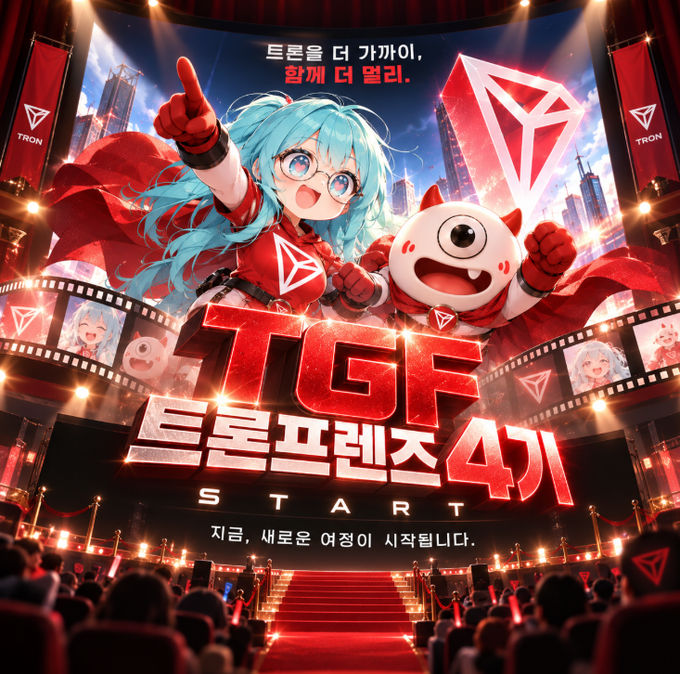 A promotional poster for 'TGF 트론프렌즈 4기' (Tron Friends 4) featuring an anime-style character with teal hair and a mascot on a stage with a 'START' banner and Korean text.