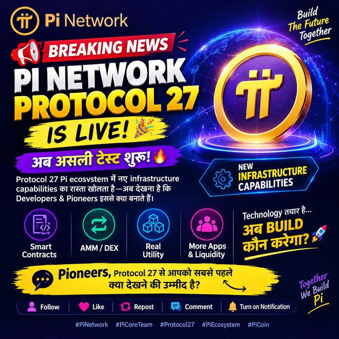The image is a promotional graphic announcing "Pi Network Protocol 27 IS LIVE!" featuring the Pi Network logo and highlighting new infrastructure capabilities including Smart Contracts, AMM/DEX, Real Utility, and More Apps & Liquidity, with a bilingual message in English and Hindi encouraging developers and Pioneers to build on the updated Pi ecosystem.