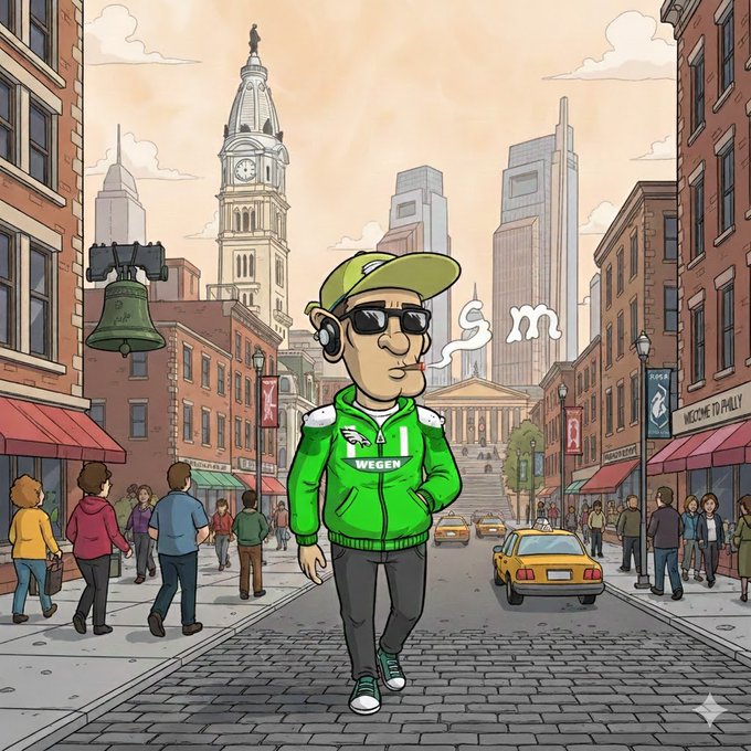 A cartoon scene depicts a character wearing a green "WEGEN" hoodie, yellow cap, and sunglasses walking through a stylized Philadelphia cityscape with the Liberty Bell, City Hall clock tower, and skyscrapers in the background.