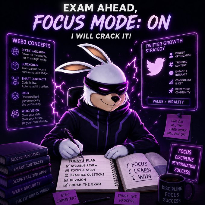 The image features a cartoon rabbit wearing a black jacket sitting at a desk with a book open in front of him, surrounded by books and notes. The rabbit appears to be studying or working on an assignment. The caption for the image reads "Good Afternoon, @base! While my exams are getting closer, my mind keeps drifting toward Web3 innovation and growing on X." This suggests that the rabbit is interested in learning about Web3 technology and its potential applications.