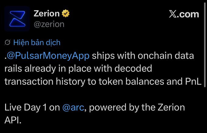 A tweet from Zerion (@zerion) on X.com announces that PulsarMoneyApp ships with onchain data rails and is live Day 1 on @arc, powered by the Zerion API.