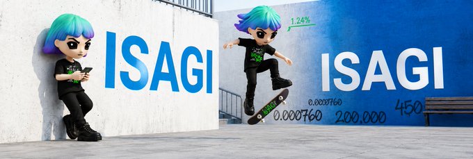 A 3D animated character with teal hair appears in two scenes against a blue wall labeled "ISAGI", shown both leaning against the wall with a phone and skateboarding while holding a flag with "1.24%" displayed.