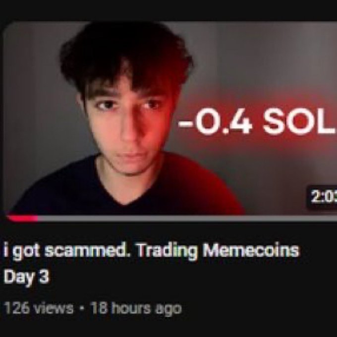 A YouTube thumbnail shows a young man with a red-lit background and large text reading "-0.4 SOL," with the video title "i got scammed. Trading Memecoins Day 3."