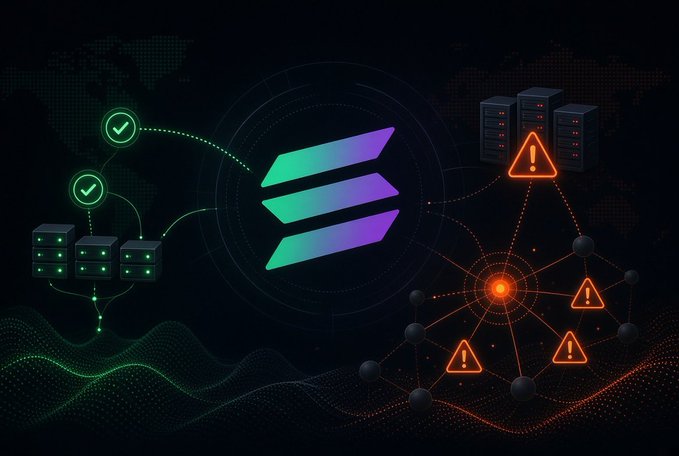 The image depicts a contrast between a well-functioning network (left side, green checkmarks and stable servers connected to the Solana logo) and a disrupted network (right side, red warning triangles and error alerts surrounding server stacks), visually representing the temporary Solana network delay where 28.83% of staked $SOL was affected by infrastructure provider issues before recovering within approximately 33 minutes.