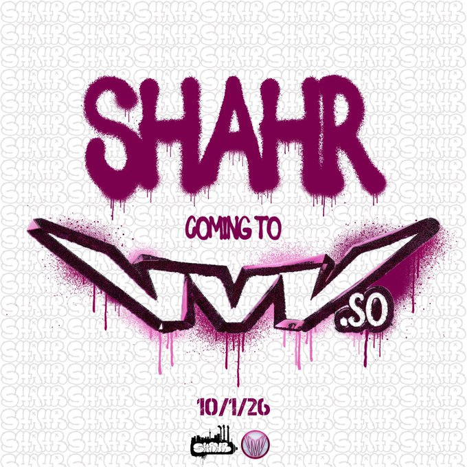 A graffiti-style promotional graphic in pink and purple with dripping text reading 'SHAHR COMING TO LIVV .SO 10/1/26'.