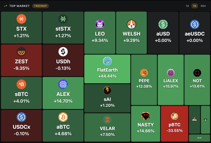 A 'TOP MARKET' treemap displays various cryptocurrency tickers including STX (+1.21%), ZEST (-9.35%), LEO (+9.34%), FlatEarth (+44.44%), and PEPE (+12.08%) with their price changes.