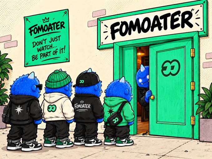 Cartoon illustration of four blue furry creatures in streetwear queuing to enter a green building labeled 'FOMOATER,' with a sign reading 'Don't just watch... be part of it!'