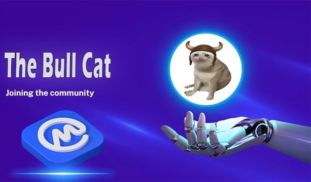 The image features a promotional graphic for "$BULLCAT" with a cat wearing a horned helmet held by a robotic hand against a blue background, alongside a CoinMarketCap logo, celebrating its official listing on the @CoinMarketCap community page.