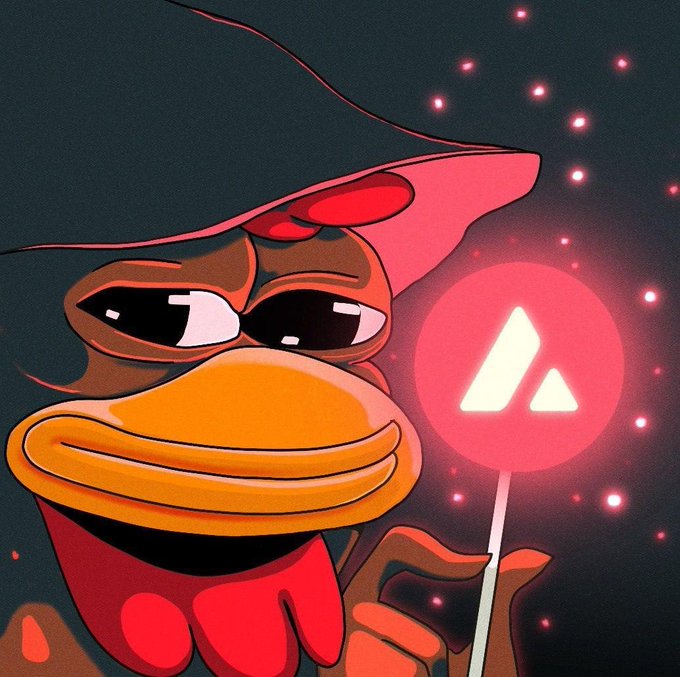 An illustration depicts a cartoon frog character with large sunglasses and a red cap holding an Avalanche (AVAX) cryptocurrency sign that glows pink.
