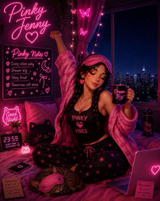 A digital illustration of a girl in pink loungewear and a 'Pinky Vibes' tank top waking up in a neon-lit pink bedroom with neon signs reading 'Pinky Jenny', 'Pinky Notes', 'Cozy vibes only', 'Dream big', 'Stay kind', 'Tomorrow will shine', and 'Good Night'.