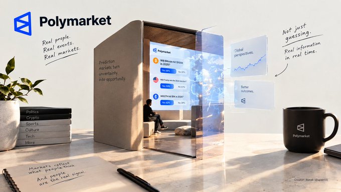 A promotional graphic for Polymarket features the tagline 'Real people. Real events. Real markets.' alongside an image of a person sitting in a box with the website interface floating out, a black mug, and stacked books labeled with categories like Politics, Crypto, and Sports.