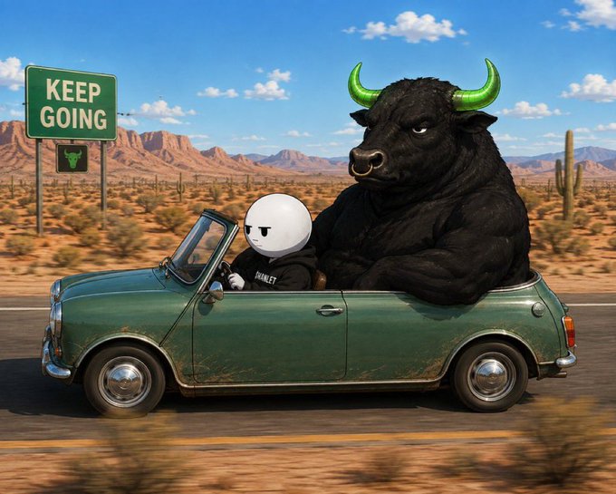 A green road sign reading "KEEP GOING" stands beside a desert highway, where a muscular black bull with green-tipped horns rides in a green convertible alongside a white-masked driver wearing a shirt that reads "BARKET."