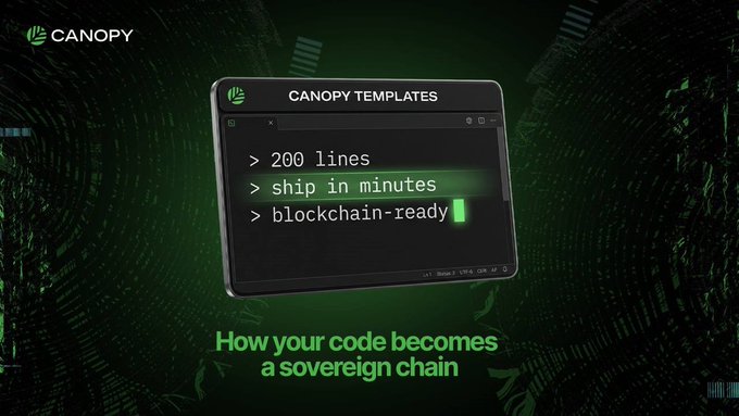 A dark green promotional graphic for 'Canopy' featuring a code editor window displaying '200 lines', 'ship in minutes', and 'blockchain-ready', with the tagline 'How your code becomes a sovereign chain.'