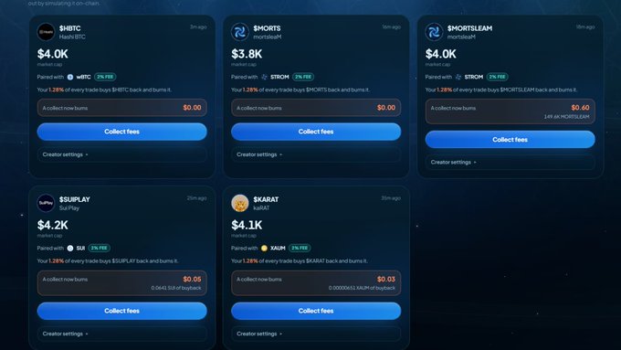A screenshot of a token burning dashboard showing multiple tokens (SHBTC, $MORTS, $MORTSLEAM, $SUIPLAY, $SKABAT) with low collected fees (ranging from $0.00 to $0.05) and tiny market caps like $4.0K and $3.8K, illustrating the "$SUI trenches is not ready lol" sentiment by highlighting the minimal activity and small-scale trading on the Sui blockchain.