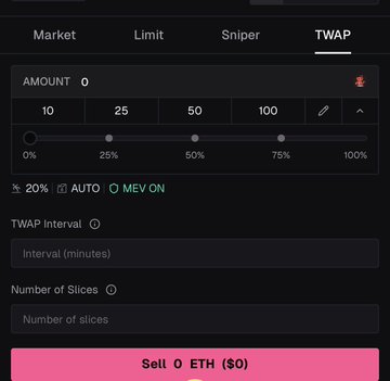 A TWAP (Time-Weighted Average Price) trading interface displays options for Market, Limit, Sniper, and TWAP order types, with amount percentage sliders, MEV protection enabled, and settings for interval minutes and number of slices to sell 0 ETH. The image illustrates the advanced trading tools offered by launch.o1.exchange, supporting the post's emphasis on the platform's fee-free, high-speed trading capabilities for capitalizing on Base market activity.