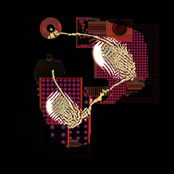 An abstract or glitched digital artwork featuring skeletal hand figures reaching across a dark background with red and purple geometric patterns and grid textures.