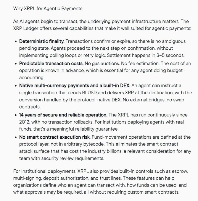 The image shows a white document titled "Why XRP for Agent Payments" written in black text against a brown background. Below this, there are several bullet points explaining the benefits of using XRP as an agent payments solution. The main point is that AI agents can be used to process transactions and settle payments quickly and efficiently, without requiring manual intervention or complex systems. This automation can lead to significant cost savings for businesses and increased efficiency in payment processing.