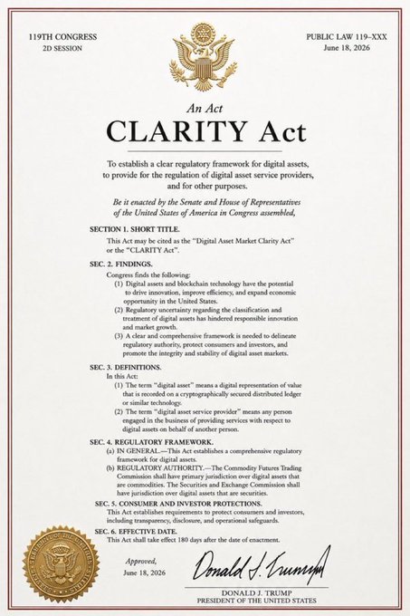 This image shows the official document for the "CLARITY Act," an act passed by the 119th Congress on June 18, 2026, to establish a regulatory framework for digital assets. The post connects this image to the potential for a new version of the Bitcoin Clarity Act to be released soon, awaiting clear crypto rules in America.