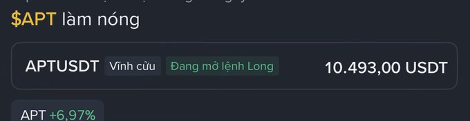 A cryptocurrency trading interface showing 'APTUSDT' perpetual contract long position at '10.493,00 USDT' with APT up 6.97%.