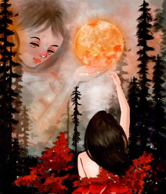 An illustration of a dark-haired girl in a red dress reaching up toward a glowing orb, set amongst a misty, forested landscape with red flowers.