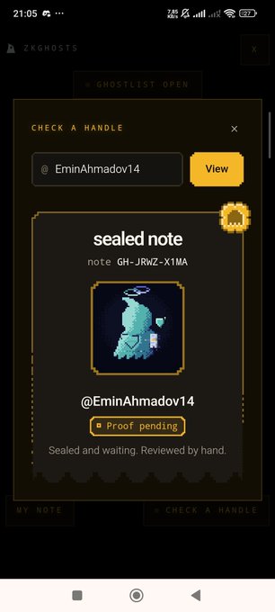 A mobile screenshot of the 'ZKGHOSTS' app showing a 'sealed note' interface with a pending proof status for the handle @EminAhmadov14, displayed in dark mode with orange highlights.