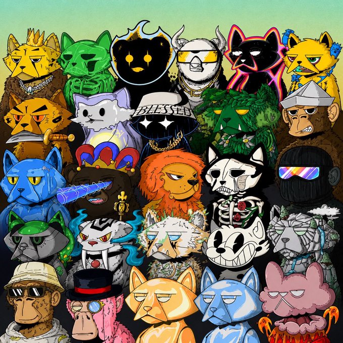 A colorful digital illustration featuring a grid of stylized anthropomorphic cat characters with various designs and accessories, including one wearing a 'BLESSED' cap.