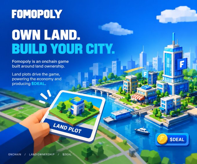 A bright blue “FOMOPOLY” advertisement reads “OWN LAND. BUILD YOUR CITY.” and describes an onchain land-ownership game, with a “LAND PLOT” card and a “$DEAL” button.