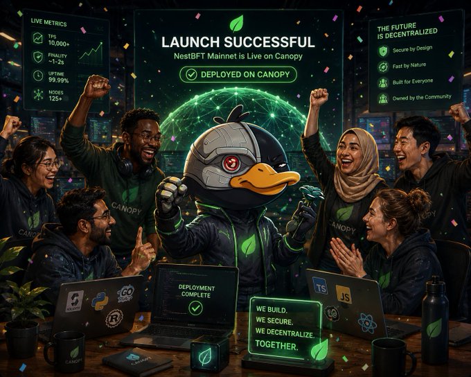 A celebratory team of developers celebrates the "LAUNCH SUCCESSFUL" deployment of NestBFT Mainnet on Canopy, as shown in this graphic. The image highlights the project's technical milestones, including 10,000+ TPS and 99.99% uptime, visually reinforcing the "building and shipping faster" theme mentioned in the post.