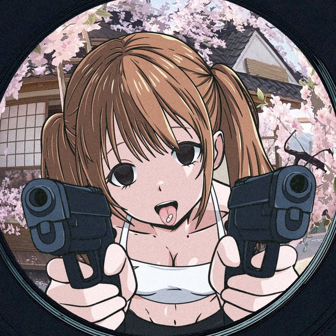 An anime illustration framed in a circle depicts a brown-haired girl in a white tank top pointing two handguns forward, set against a backdrop of cherry blossoms.