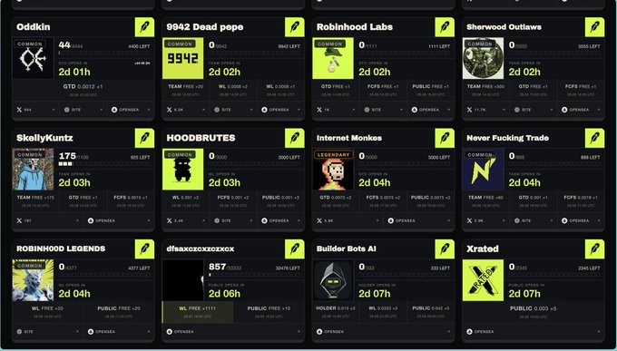 A grid of 12 cryptocurrency/NFT project cards including 'Oddkin', '9942 Dead pepe', 'Robinhood Labs', 'Sherwood Outlaws', 'SkellyKuntz', 'HOODBRUTES', 'Internet Monkes', 'Never Fucking Trade', 'ROBINHOOD LEGENDS', 'dfeaxcexcezcx', 'Builder Bots AI', and 'Xrated', showing mint timings and quantities.
