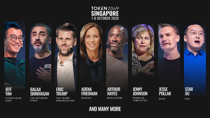 A promotional graphic for TOKEN2049 Singapore (7-8 October 2026) showcases eight confirmed speakers in vertical portrait panels, including Jeff Yan (Hyperliquid Labs), Balaji Srinivasan (The Network State), Eric Trump (The Trump Organisation), Adena Friedman (Nasdaq), Arthur Hayes (Maelstrom), Jenny Johnson (Franklin Templeton), Jesse Pollak (Base), and Star Xu (OKX), with "AND MANY MORE" displayed at the bottom.