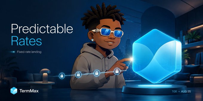 A promotional graphic for TermMax featuring the tagline 'Predictable Rates' and 'Fixed-rate lending', showing an animated character with sunglasses next to a glowing blue cube.