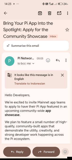 The image shows an email from Pi Network titled "Bring Your Pi App Into the Spotlight: Apply for the Community Showcase," inviting Mainnet app teams to apply for an upcoming community-wide app showcase. This relates to the post by confirming that GeraiPi has received this official invitation from the Pi Developer Team to apply and showcase their marketplace app to the broader Pi ecosystem.